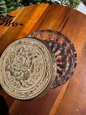 Vintage Godinger Silver Art Co Rose Powder Jar with Mirrored Lid, Pressed Glass